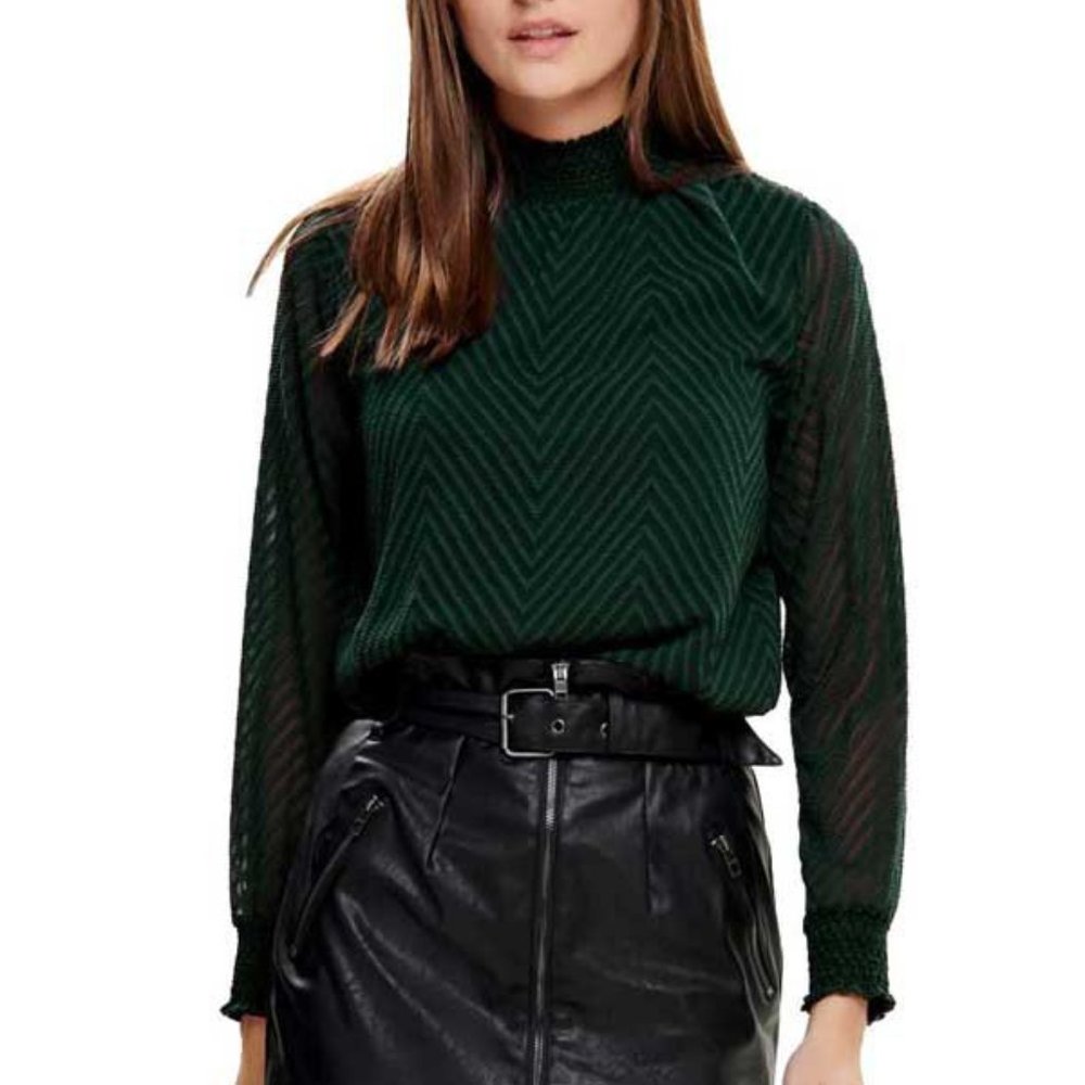 ONLY Emerald Green Chevron Blouse with Sheer Sleeves - S/4/36 - Picture 1 of 10